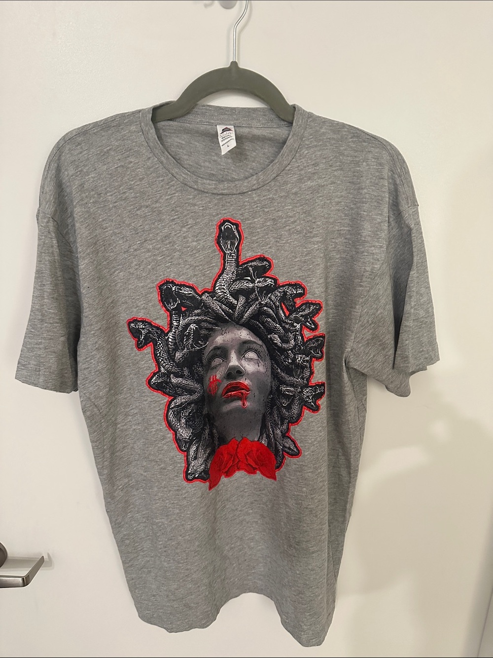 Gray Graphic Medusa Tee with Red Accents